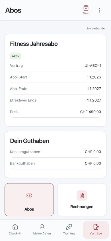 Persönliche Aboübersicht in der My Gym App Kunden-App