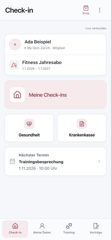 Espace personnel de l'application client My Gym App