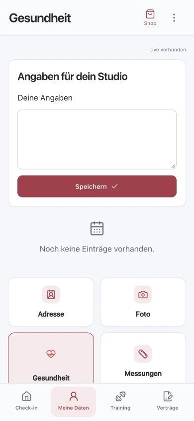 Gesundheitsbereich der Kunden-App mit freiem Eingabefeld für Angaben an das Studio