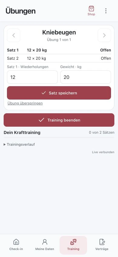 Training view of the customer app with repetitions and weight