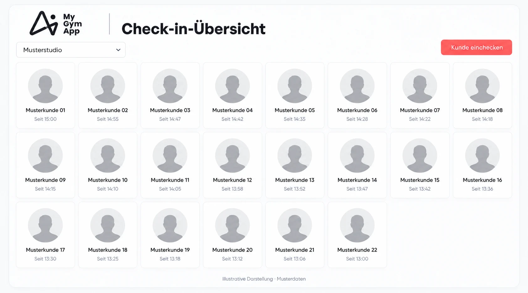 Panoramica chiara del check-in di My Gym App con avatar neutri e nomi modello anonimi