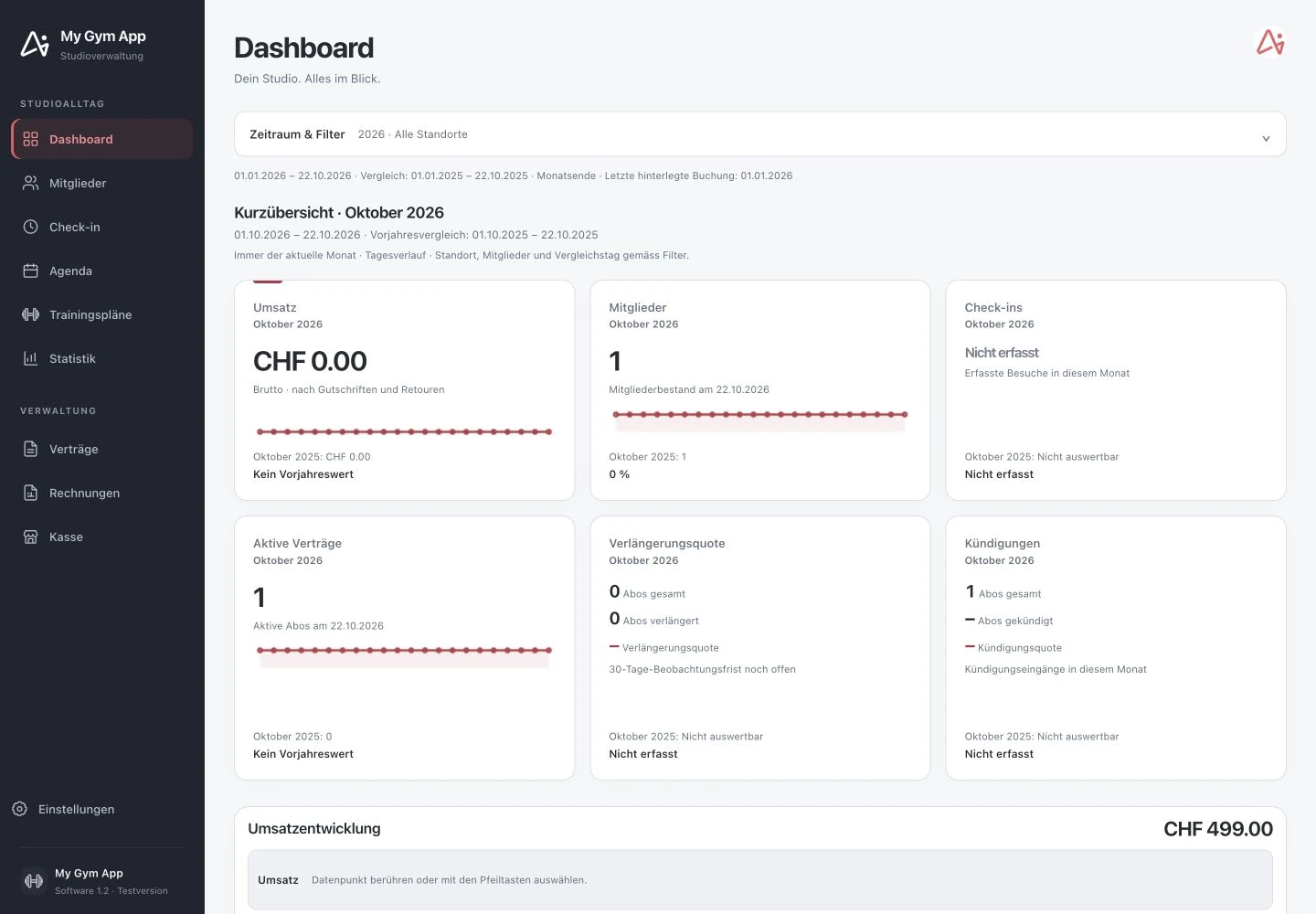 Tableau de bord du logiciel studio My Gym App avec navigation vers les zones de gestion