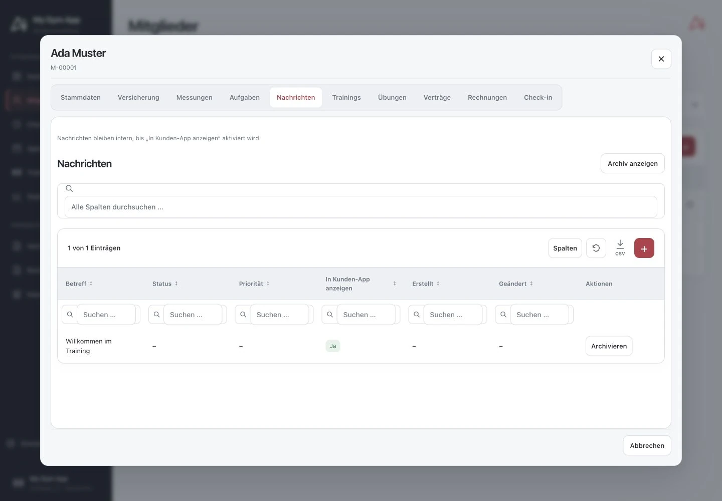 Área de mensajes en el perfil del miembro con columna Mostrar en app para clientes