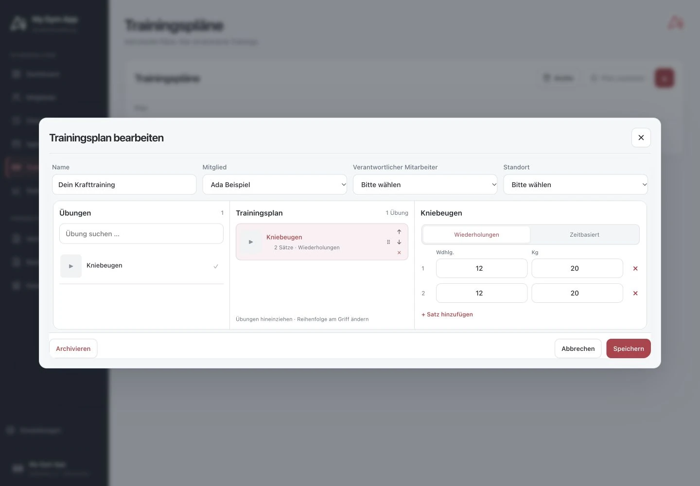 Training plan editor with exercise library and set specifications